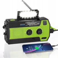Nešiojama saulės radija su rankena, pavojaus signalu ir 4000mAh baterija, žalia