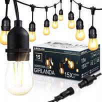 Sodo girlianda 15 m, 15x LED lemputės E27, atsparus vandeniui laidas