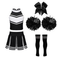 Kids Spirit Squad Costume Sleeveless Zip Up Top Pleated Skirt with Bow Hair Accessory 2 Pom Poms and Striped Tube Socks for Game Day 5-6 Years