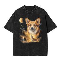 Corgi Howling to The Moon 90s Funny Dog Graphic Men T Shirts Washed  Humorous Tee Shirt 100% Cotton Plus Size Tops XL juoda