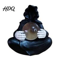 Luminous Crystal Ball Light Faux Grim Reaper Statue Gothic Resin Black Robed Dark Style Home Decor Sculpture with Glowing Clear Ball Mysterious black