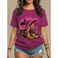Western cowboy hat and boots pattern printing women's T-shirt fashion casual short-sleeved daily round neck top M black