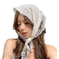 Triangular Head Scarf French Hair Bandana Tie Knotted Headscarf Vintage Headband Floral Lace Head Kerchief for Women balta
