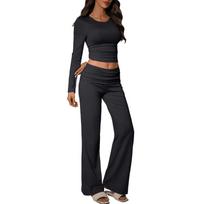 Women's Fitted  Two-Piece Sexy Long-Sleeved Pants Fashionable Casual Set L