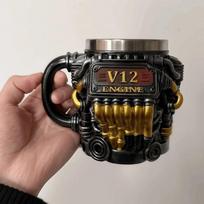 Dvigubos sienelės V8 variklio nerūdijančio plieno puodelis su rankena, izoliuota automobilinė kempingas, dovanos vyrams ir berniukams V12 black