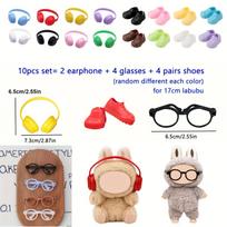 10 pc sets of 4 shoes 4 glasses plus 2 headphones fit designed for labubu dolls 6.69in/17cm adorable doll decoration accessories black