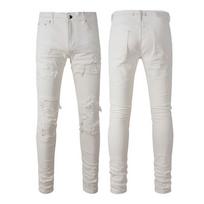 Madingos vyriškos baltos praplėštos slim fit džinsinės kelnės su lopais 32 white