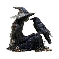 Halloween Decorations Witch with Crow 2D Flat Figurine Acrylic Craft Table Sign Sculpture for Shelf Display Ornament 1