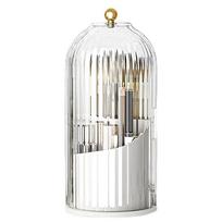 360° Rotating Makeup Brushes Holder with Lid Dustproof 3 Compartment Design Makeup Brushes Organizer Box for Vanity Countertop white