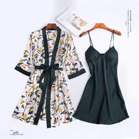 Women's Two-Piece Sexy Silk Print Slip Dress & Robe Set Medium