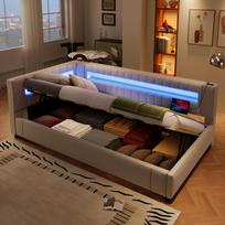 (=WX001039AAA) Daybed, Sofa Bed, 90*200cm, LED Light Strip at the End of the Bed, Hydraulic Storage, Without Mattress, USB + Type-C, Linen, Beige 212 x 98.5 x 73 cm smėlis