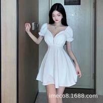 Fashion Sexy Dress Temperament Celebrity Low Chest Zipper Bubble Sleeve Word Dress High Waist Skinny Niche Muse Dress S