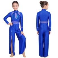 Kids Stage Performance Leotard Mock Neck Long Sleeve Sequins Rhinestone Mesh Patchwork Back Zip Split Wide Leg Jumpsuit for Lyrical Dance 5-6 Years