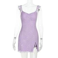 Women Sexy Lace Patchwork Off Shoulder Sleeveless High Waist Slit Slim Mini Cami Dress S
