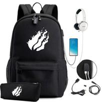 Prestonplayz žaidimų raštų kuprinė studentui su USB įkrovimu, mokyklinė kuprinė, pieštukinė, kelioninė sportinė kuprinė, užraktas One size fits all black
