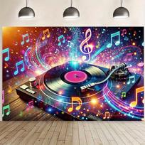 DJ patefonas Muzikinės natos Gobelenas Spalvingos garso bangos Vinilinė plokštelė vakarėlio dekoras 2D plokščia spauda Fonas muzikos mylėtojams 100X70CM blue