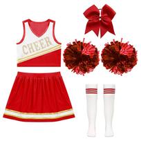 Kids Girls Cheerleading Set with Crop Top Skirt Headwear Hand Flowers Socks Sleeveless V Neck Letter Print