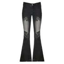 Gatvės apranga Y2k Flare Jeans Distressed Gėlių Print Low Rise Slim Denim Kelnės Korėjos Moterų Kelnės Retro Mom Džinsai XS juoda