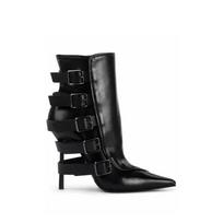 Brand Black Belt Buckle High Heels Knee High Boots Autumn Winter Women Fashion Pole Dance Pointed Solid Color Knight Boots 34-46 34