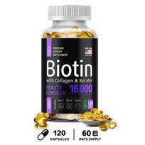 Biotinas 15000 mcg Keratino kapsulės 60 dienų maisto papildas Kasdienis maistinių medžiagų mišinys 120 vnt. 120 Softgels