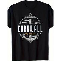 Cornwall One and All Vintage Celtic Knot & Cornish Flag T-Shirt - Black with White Cornwall Map & Anchor Design, Unisex Casual Round Neck Short S įvairiaspalvis