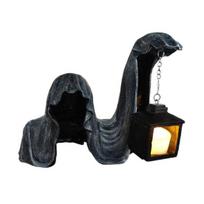 Grim Reaper Statue Gothic Black Robe Mystery Man Ornament Scary Grim Reaper Holding Lantern Statue for Halloween Indoor Outdoor Decoration juoda