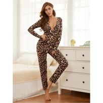 New sexy slim-fitting long-sleeved leopard print jumpsuit sexy underwear set S