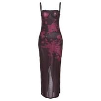 Spring summer New Women's Fashion Sexy Lace Trim Bodycon Floral Print Vintage Slip Dress S