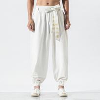 Vyriški medvilniniai lininiai samurajų kostiumai Ukiyo-e Print Diržas Retro Harem Kelnės Kelnės Harajuku Hip Hop L balta