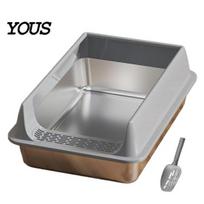 Odor Resistant Metal Litter Box Cat Box, Stainless Steel Kitty with High Sides, Anti-Leakage Sturdy Tray Scoop Design, Included, Non Stick for Indoor Middle chaki