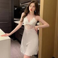 Sexy pajamas women's ice silk suspender nightdress beautiful back lace backless pure desire high-end nightdress two-piece set summer M