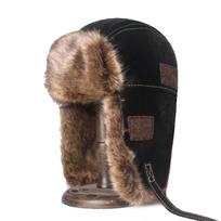 Odinė stora bombonešio kepurė Vyriška žieminė šilta ausų apsauga nuo sniego kepuraitė Skullies Beanies rankovių dangtelis L(56cm) juoda