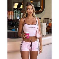 Weird Puss Sexy Sporty Style 2 Piece Set Woman Summer Trend Letter Print Low-Neck Backless Camisole+Drawstring Shorts Outfits S