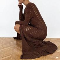 and American Style Sexy Hollow-Out Long Knitted Cardigan for Women with a Design Featuring Ruffles and a Lazy Style, Paired with a Flared Sleeve Dress Brown S