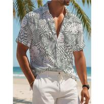 Vyriški augalų rašto trumpomis rankovėmis marškiniai su sagomis, atostogų stiliaus, lauko atostogoms, paplūdimiui, vasaros, atverčiama apykakle, su elastanu, Havajų marškiniai S gray