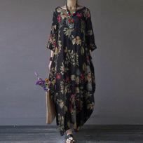 New large-size women's clothing cotton and linen printed national style retro pullover loose round neck Japanese and Korean dress S