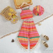 Girls' Ethnic Style Printed Suspenders with Tassels on the Front Hem Fashionable Diagonal Trousers with Hem Tassels Cropped Pants Fashionable Casual 100cm raudona
