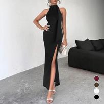 Sexy Backless Strappy High Slit Dress with Popular Ribbon Design Sleeveless Long Dress S