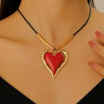 Bold Red Heart Pendant Necklace Black Cord Choker Necklace Gold Tone Double Layer Heart Charm Necklace for Women