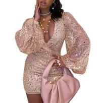 Women's Sexy Sequin Bodycon Dress Sheer Long Sleeve Deep V Neck Mini Dress Sparkly S