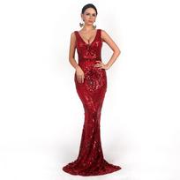 Evening Dress Sexy V-Neck Sleeveless Sequined Geometric Retro Backless Elegant Ultra-Long Reflective Dress Birthday Dress Red S