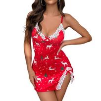 Women Lace Nightgown Sexy Spaghetti Strap Cami Sleeveless Nightdress V Neck Side Split Sleepwear Christmas L
