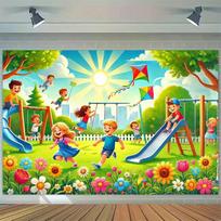 2D Children Playground Backdrop Cloth Sunny Park Slide Kite Photography Background 47.2x31.5inch/120*80cm
