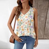 Women Loose Fit V Neck Sleeveless Tank Top with Pleated Floral Print Casual Summer Blouse for Daily Wear L geltona