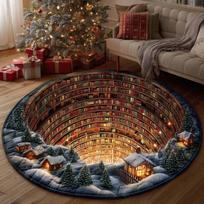 Apvalus kilimas su 3D iliuzija „Bibliotekos spiraliniai laiptai“, jaukus literatūrinė dovana namams, kilimas skaitymo kampeliui 60cm x 60cm black