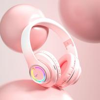 Wireless Bluetooth Headphones Multi-color Light Headsets with Microphone Can Be Inserted SD Card HIFi Stereo Earphone rožinė