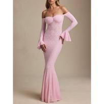 Sexy Strapless Lace Backless Flare Sleeve Bodycon Mermaid Long Evening Dress S