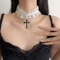 Lolita Neck Lace Trim Choker Necklace Cross Pendant Collarbone Chain Lace Collar Gothic Y2K Sweet Accessory for Women Girls New balta
