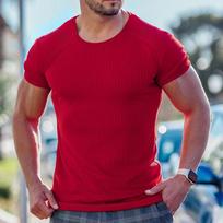 Men's Muscle T-Shirt Pleated Raglan Sleeve Bodybuilding Gym Tee Short Sleeve Slim Fit Workout Shirts Summer Breathable Round Nack T-Shirts for Men L raudona