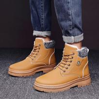 Snow Boots Men Leather Winter Brand Design Comfy Warm Boots Fur New Lace-up Fashion Shoes Men Footwear Non-slip Men's Boots 39 geltona